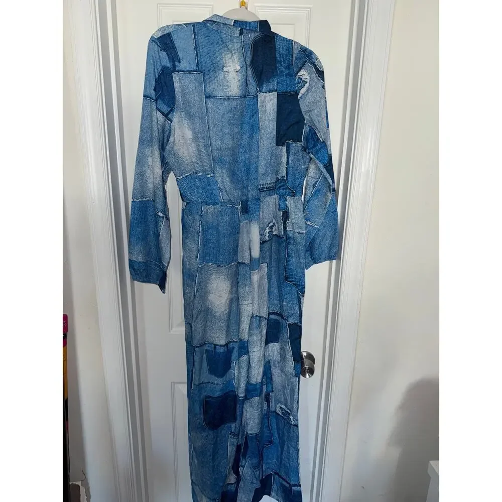 Denim Print Long Sleeve Shirt Straight Tube Jumpsuit Women Jeans High Waist M
